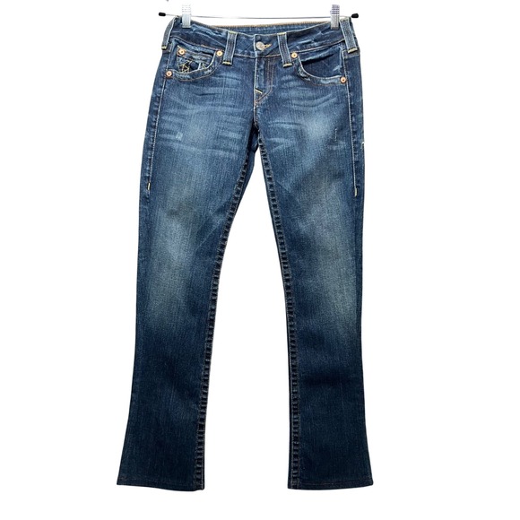 True Religion Bootcut Jeans Dark Wash Distressed Denim USA Made Size 29 Altered - Picture 1 of 13